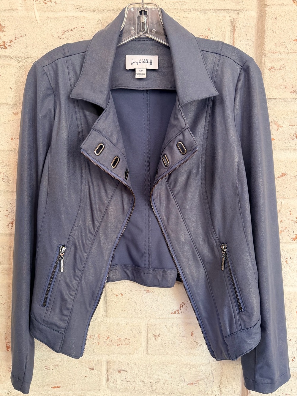 Joseph Ribkoff Mineral Blue Metallic Faux Leather Moto Jacket S